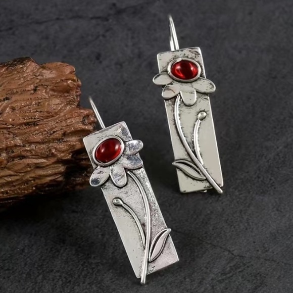 Silver Flower Red Stone Boho Earrings - Picture 3 of 4